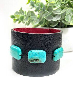 MishaGirl Wide Black Leather Cuff Bracelet with Turquoise Colored Beads